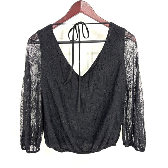 Alice + Olivia Womens Lace Long Sleeves Cropped Blouse Black Tie Back Size Small - Picture 7 of 9